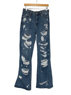 Distressed High-Rise Flare Jeans Medium Blue Washed Size 9